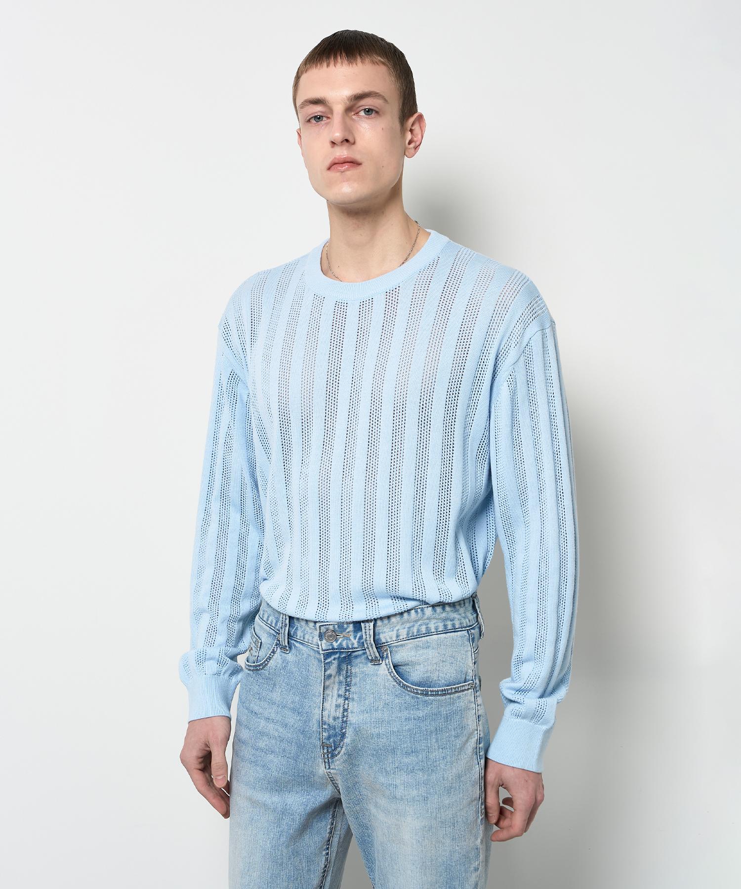 Plack Striped Pattern Pullover Knit Sky Blue L/Free