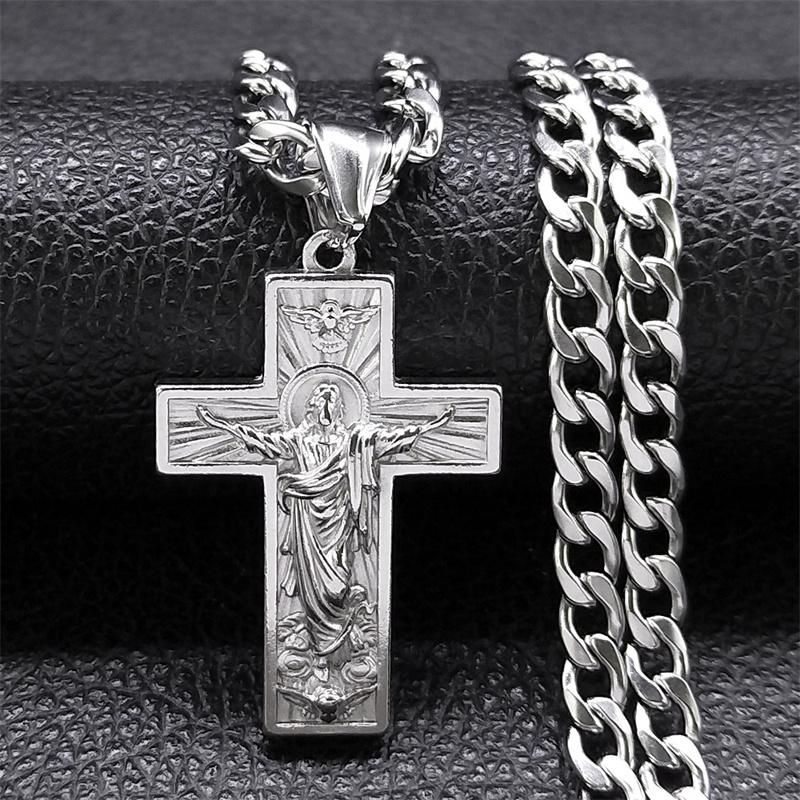 Collana Ciondolo Croce Hip Hop Gesù Colomba per Uomo Acciaio Inossidabile 316 Colore Argento Collane Religiose Gioielli collares NZZ383