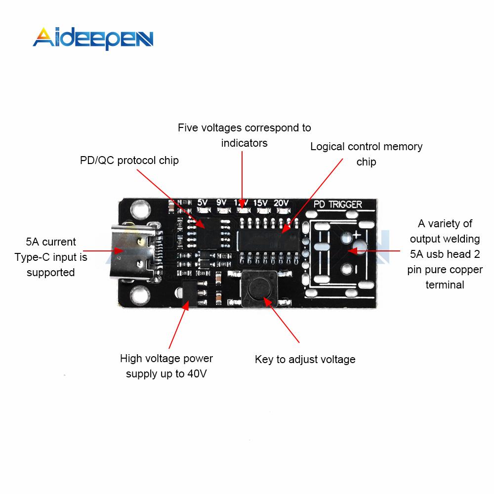 100W 5A USB Type-C QC Decoy Trigger Board 5V 9V 12V 15V 20V Output PD 2.0 3.0 Trigger Adapter Cable Connection Polling Detector