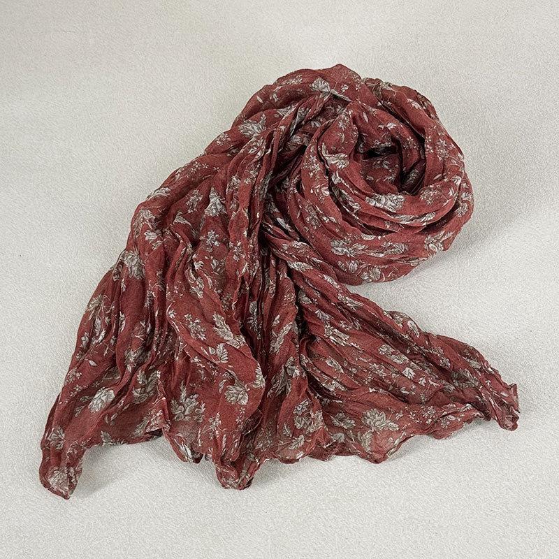 Artistic Retro Floral Pleated Scarf for Women in Spring and Autumn Sunscreen and Neck Protection Scarf