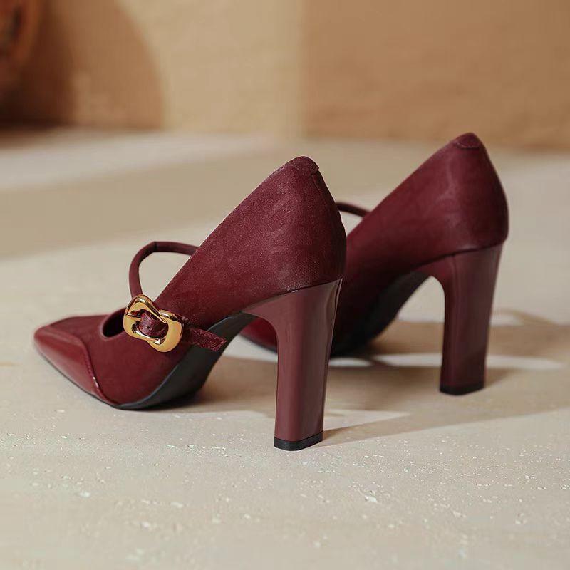 Fashion Women's Fashion Thick Heel Shoes Spring New Square Head Shallow Mouth Splicing Metal One-line Buckle Non-slip High Heels