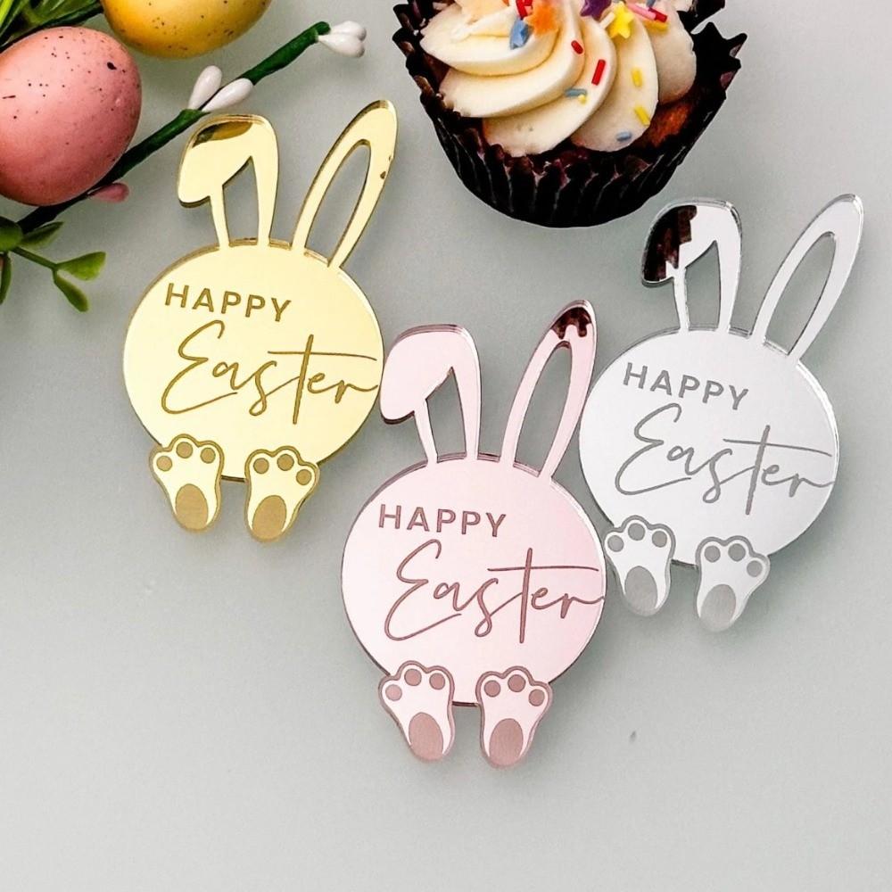 6pcs Acrylic Cupcake Decor Toppers Happy Easter Bunny Pattern Tags Rabbit Cake Toppers Easter Party
