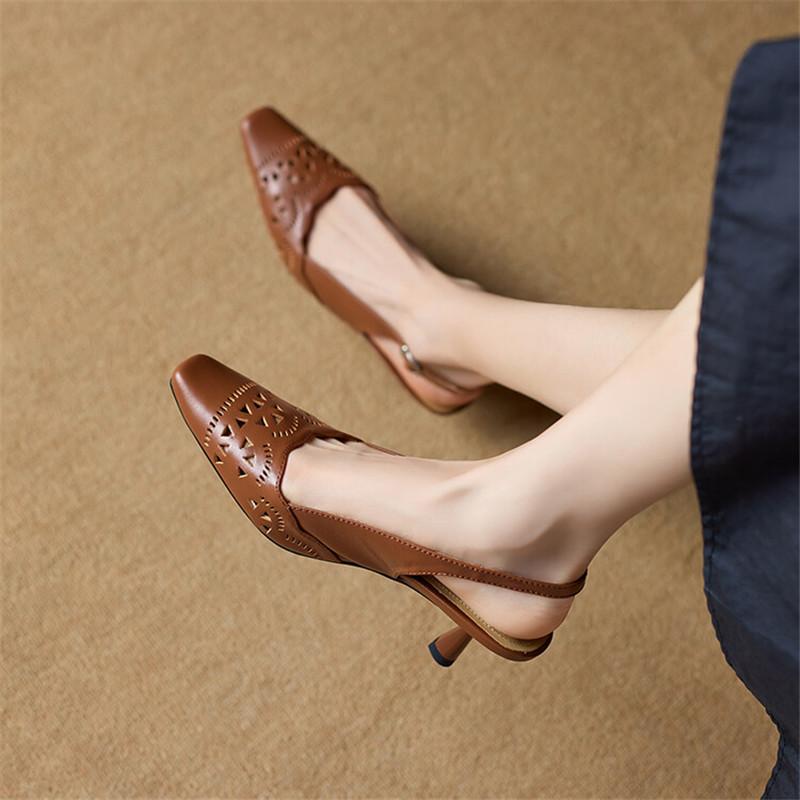Fashion New Summer Sandals Genuine Leather Shoes for Women Fashion Hollow Out Square Toe Shoes Women High Heel Ladies Shoes Zaptos Mujer