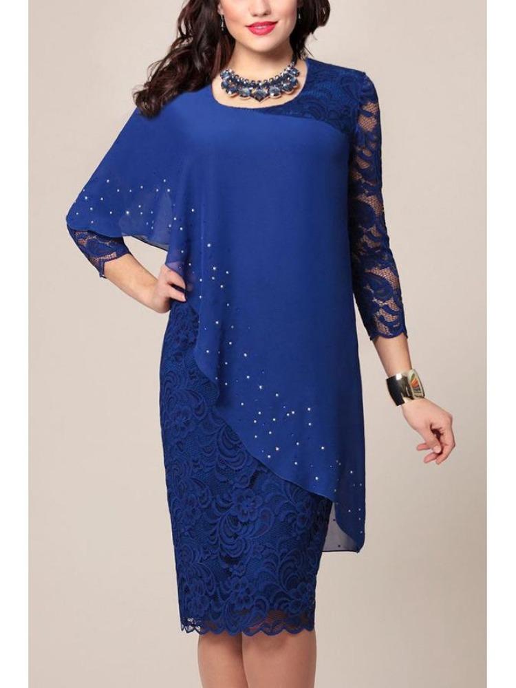Elegant Solid Color Slim Dress with Lace Trim and Three Quarter Sleeves