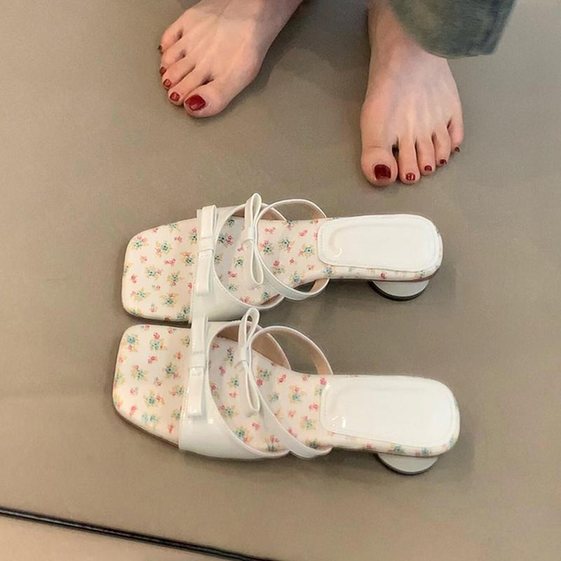 Sommer Damen Sandalen mit eckiger Zehenpartie, niedrigen Absätzen, schlichten Schleifen-Slippern, Party, Hochzeit, Bonbonfarben, Damenschuhe