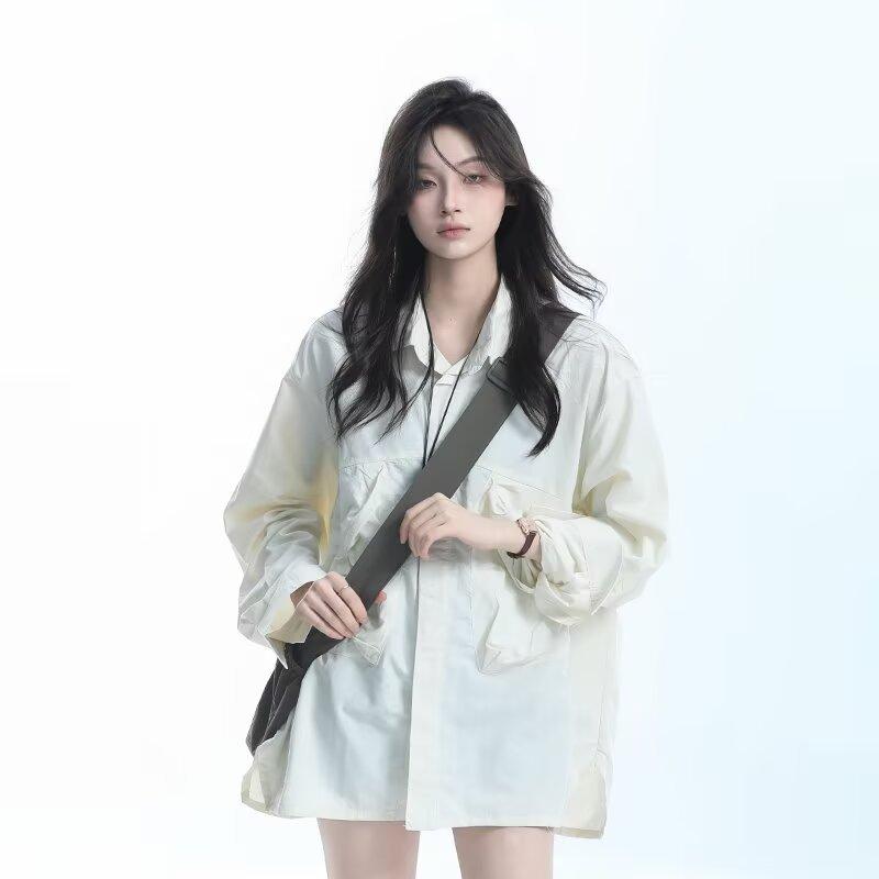 

Рубашка с длинным рукавом с буквенным принтом 2024 года в японском стиле в стиле Гонконга, свободная рубашка для мальчиков, летнее модное универсальное повседневное пальто 2XL абрикосовый