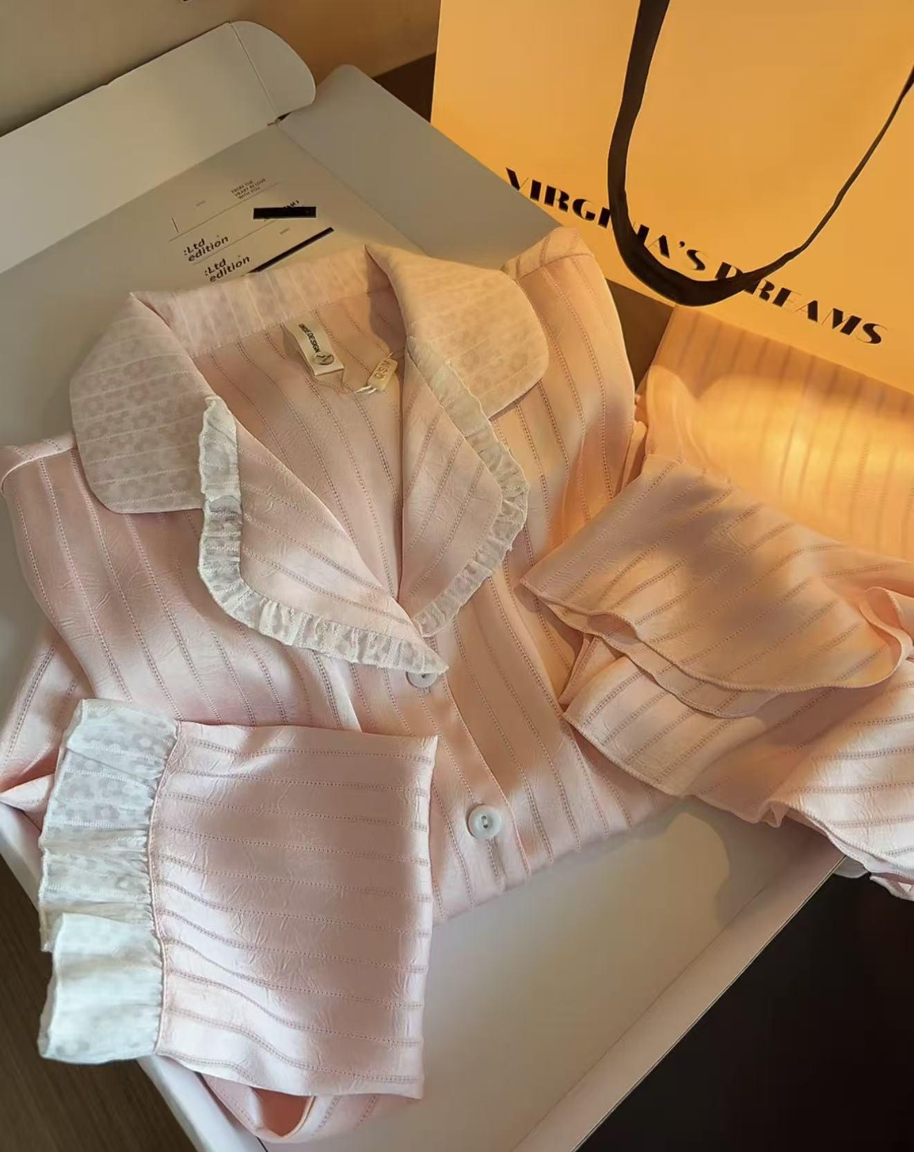 

Yase Lace Cream Puff Women s Ice Silk Long Sleeve Cardigan Pajamas - Sweet Striped Homewear for Spring & Autumn XL
