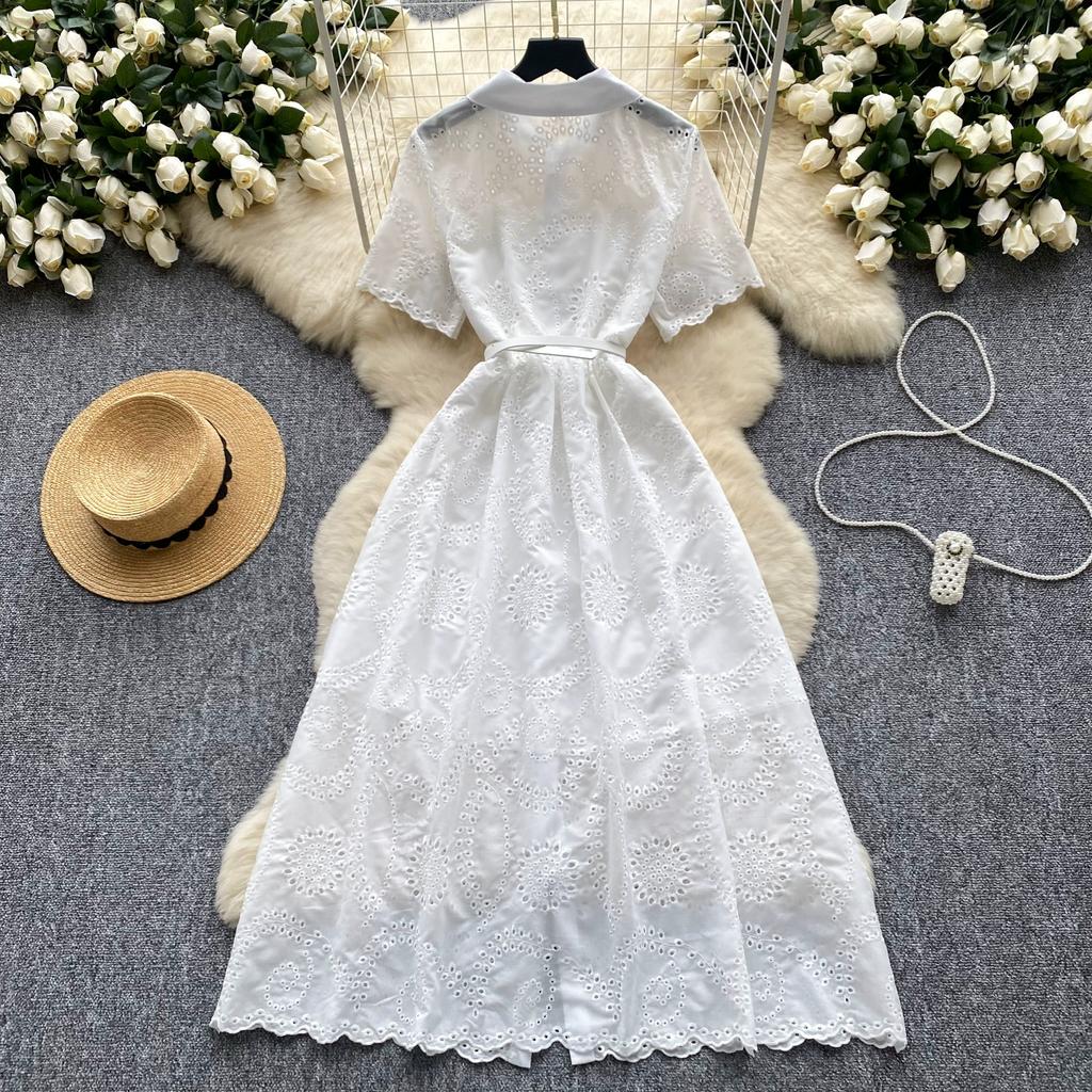 Sommer Frauen Elegante Drehen-unten Kragen Stickerei Blume Lange Midi Hemd Party Kleider