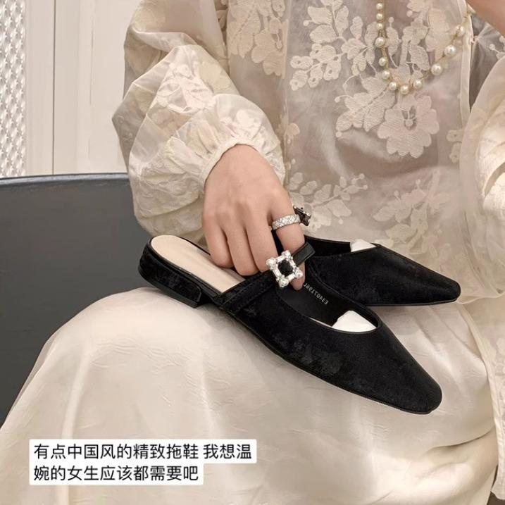 Sheepskin version of grape mother, the same national style into summer French rhinestone buckle bag head Muller half slippers women's sandals summer