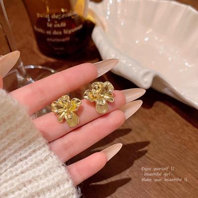 Elegant Camellia Metal Flower Earrings - Hong Kong Retro Style for Women