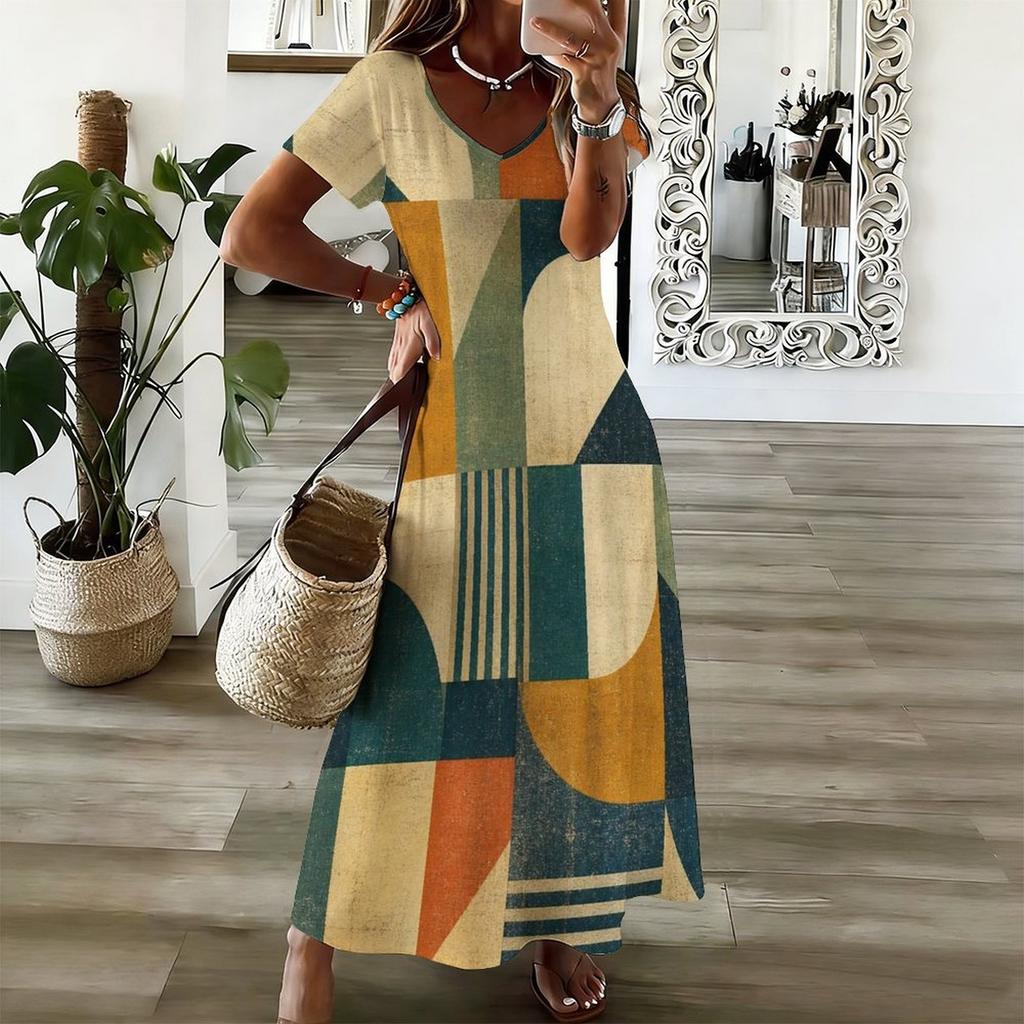 Women Plus Size V Neck Short Sleeve Printed Straight Long Dress Green Khaki
