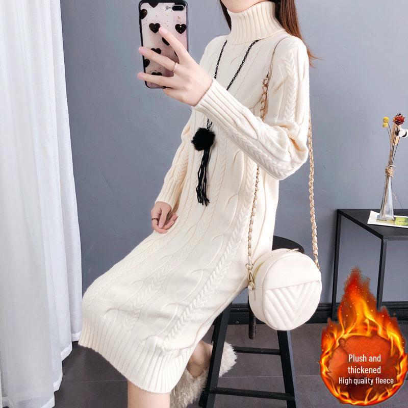 Women's Plush/Non-Plush Turtleneck Over-the-Knee Knitted Sweater Dress for Autumn & Winter