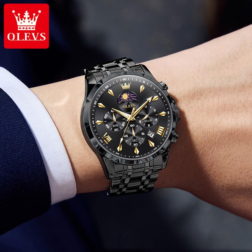 OLEVS Original Chronograph Quartz Watch For Men Moon Phase Stainless Steel Waterproof Man Watch Date Fashion Wrist Watch