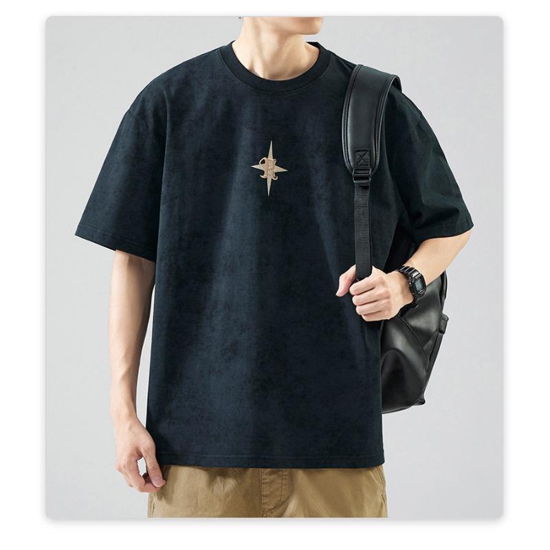 Sommer Hochdicht Gestrickt Bequeme Passform Stilvolle Stickerei Herren T-Shirt Kurzärmelig