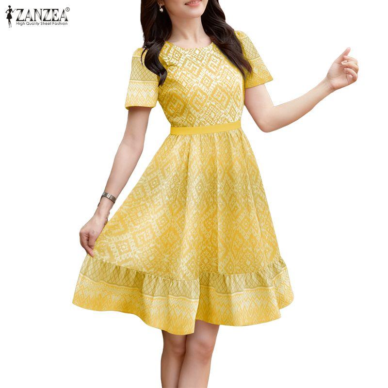 ZANZEA Women Casual Round Neck Summer Short Sleeve Print Dress