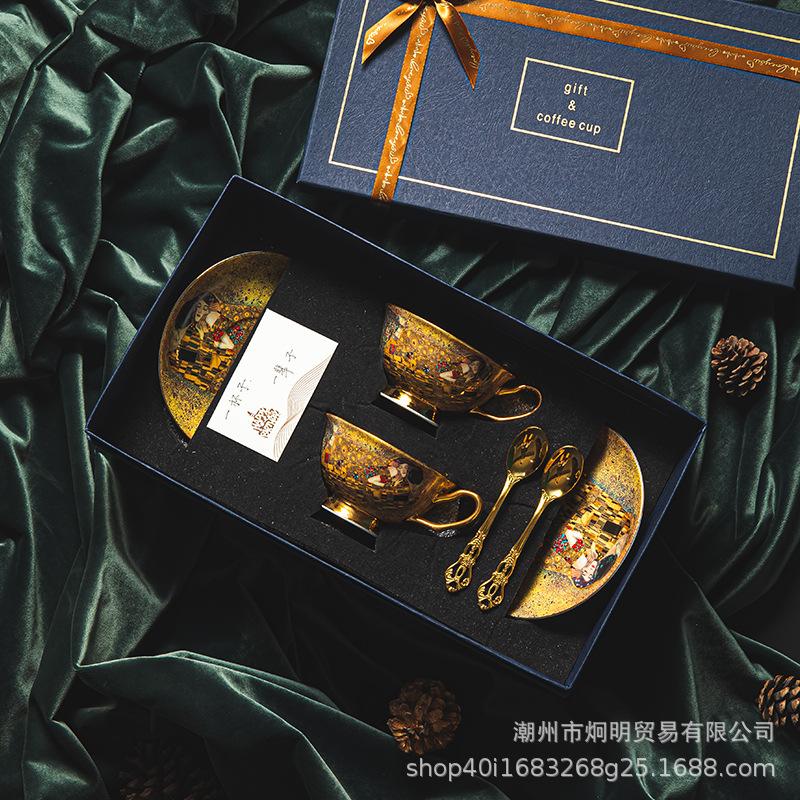 European Coffee Set Bone China Coffee Cup And Saucer Set Retro Luxury Porcelain Cup For Birthday Couple Set With Gift Box