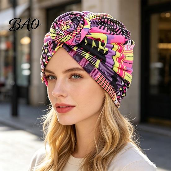 Regulowany Turban dla Kobiet, Styl Bohemian Wirujące Kwiaty Wzór Kwiatowy Nakrycie Głowy, Geometryczny Wzór Chusta na Głowę z Węzłem z Przodu Opaska na Głowę