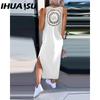 IHUASU Summer Simple Solid Color Back Lace Sleeveless Dress for Women