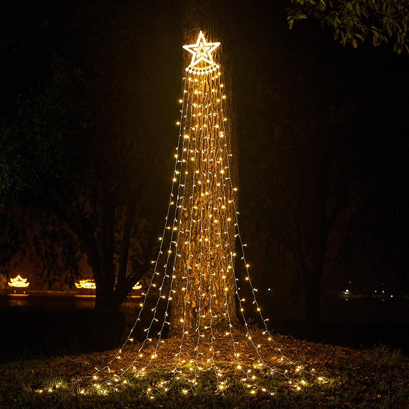 Solar Pentagram Waterfall Fairy String Lights for Outdoor Christmas Tree Decoration