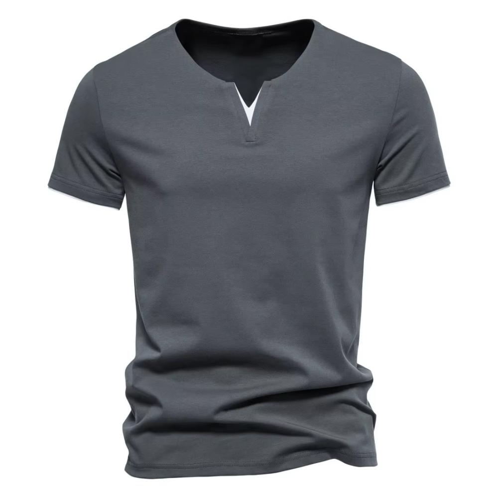 Summer Men's Solid Color CottonT-shirt V Neck Slim Fit Breathable Tops Casual  Cozy Tees Classic Male Dailywear