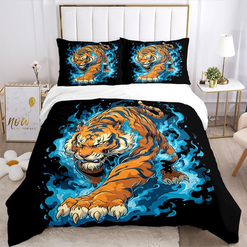 3pcs Blue Flame Tiger Quilt Set - Soft and Comfortable Bedroom, Guest Room and Dorm Decor Bedding Set 1 Quilt Cover + 2 Pillowcases.W012