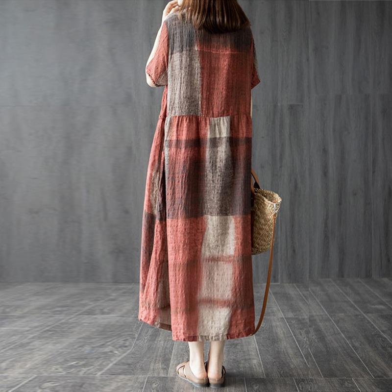 Summer New Literary Loose Splicing Printing V-neck Short-sleeved Dress Women's Clothing Medium and Long