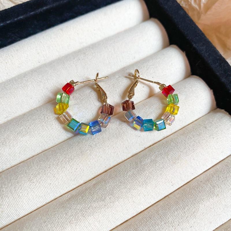 Silver needle colored glass round beaded earrings retro light luxury exquisite temperament earrings niche high-end earrings women