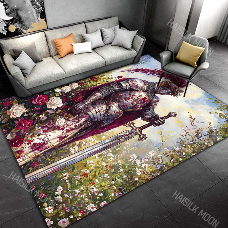 Knight, Armor, Sword, Roses Carpet for Living Room Bedroom Sofa Home Decor Rus Non-slip Floor Mat Luxury Gift Multiple Sizes