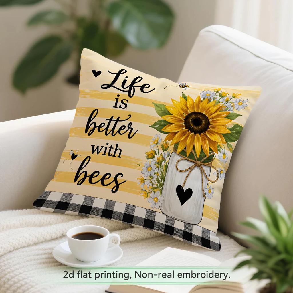 1pcs/4pcs Sunflower Bee Pastoral Cushions Pillowcase Polyester Cushion Cover Throw Pillow Pillowcover Home Car Sofa Decor