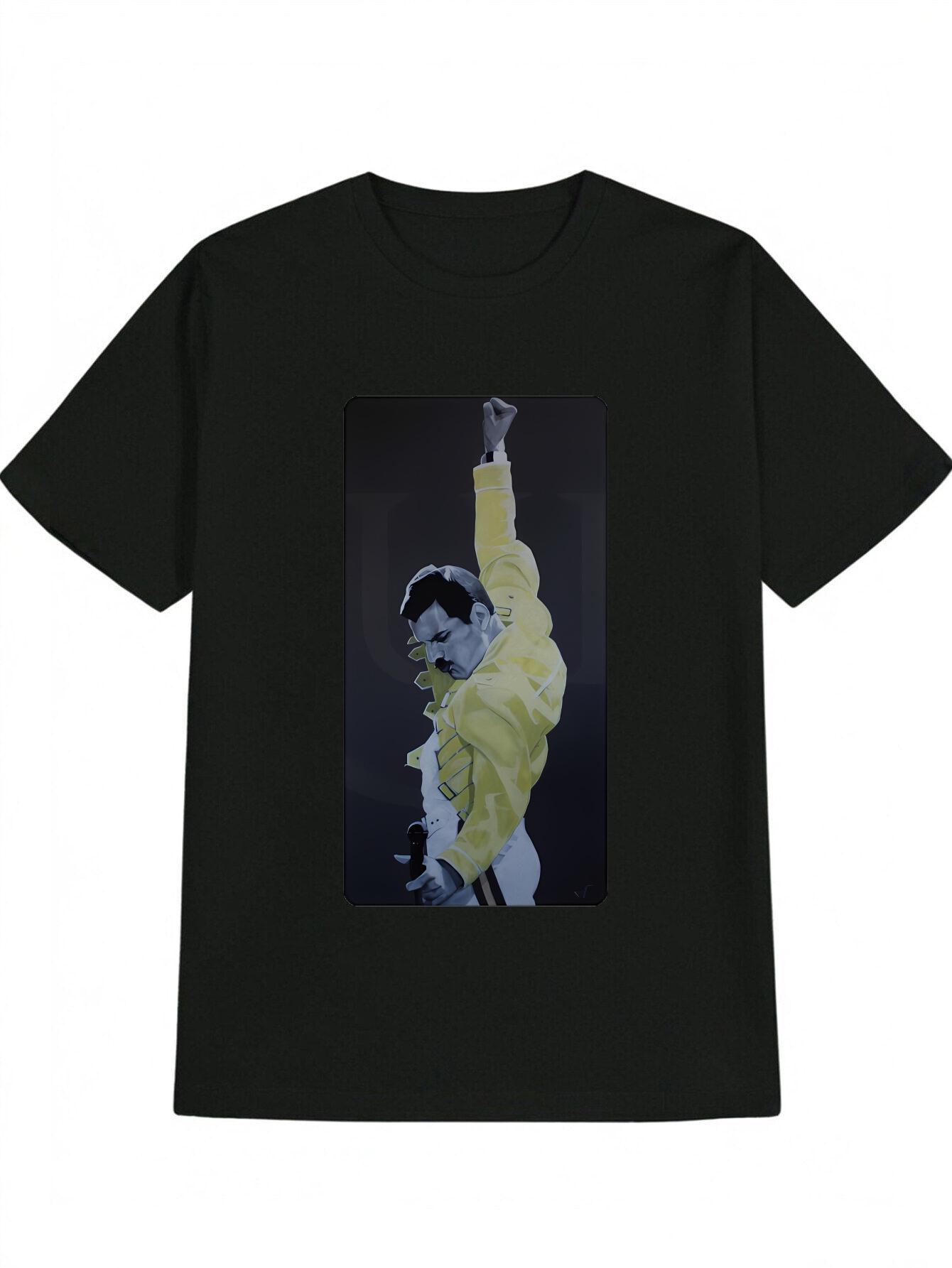 Casual Graphic T-shirt with Vibrant Yellow Jacket & Black Background Print - Breathable Round Neck Summer Tee S