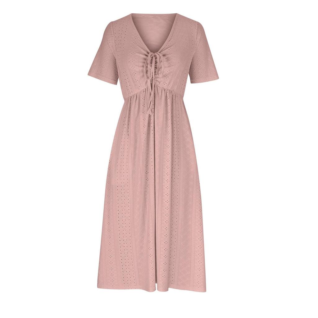 Women's Fashion Casual Solid Color Round Neck Short Sleeve Pocket Dress