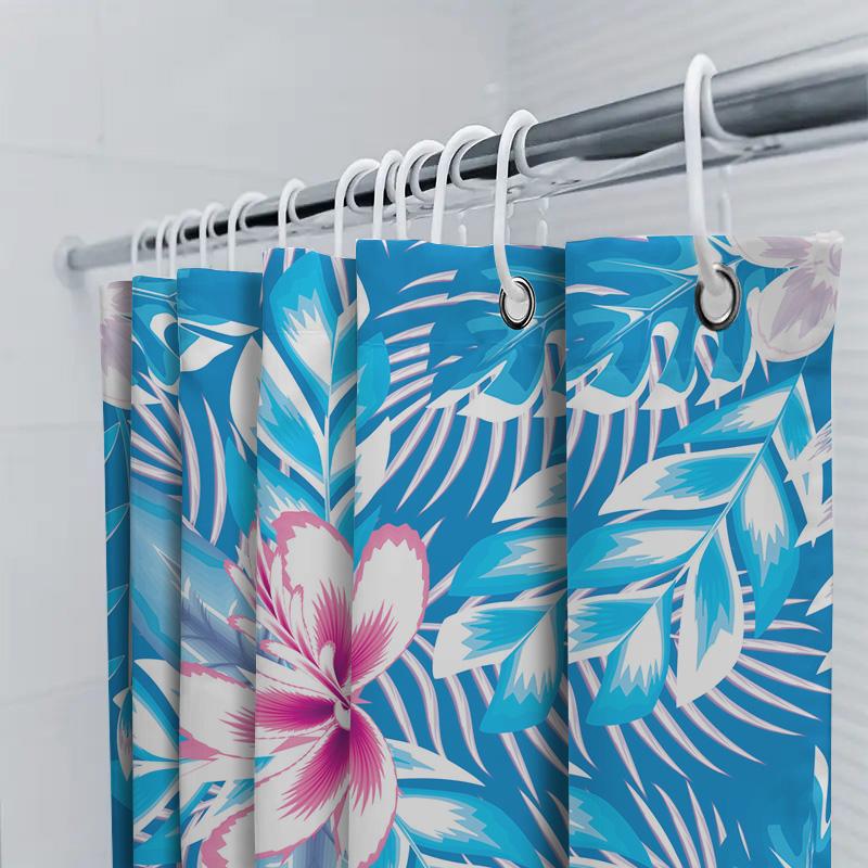 Bunter Duschvorhang mit tropischen Blumen Blau und Weiß Duschstoff für Badezimmerdekoration