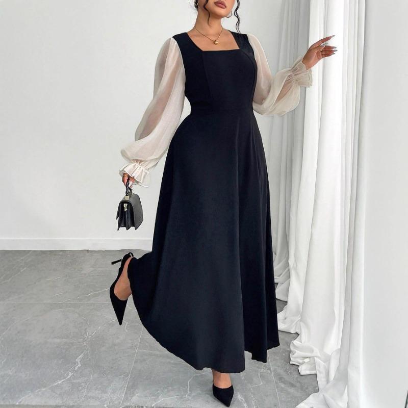 New Stylish Dress with Square Neckline, Puff Sleeves and Mesh Insert for Women