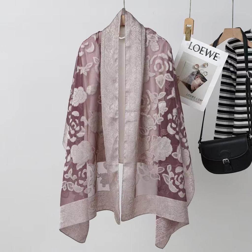 2025 New Women's Chinese-Style Rose Cut-Out Imitation Silk Shawl: Lightweight Summer Sun Protection Scarf