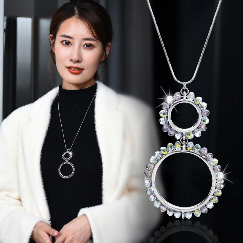 Timeless Steel Titanium Long Necklace With Double Circle Pendant Adorned With Brilliant Crystals Austrian