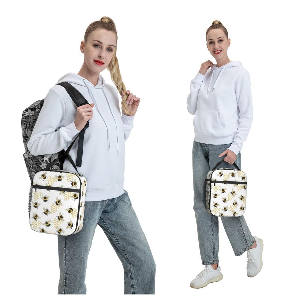 Bees Collect Honey Pattern Insulated Lunch Bag for Women Children Portable Food Boxes Thermal Lunch Box Tote