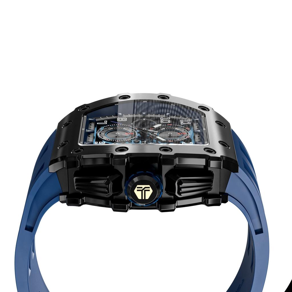 TSAR BOMBA Men's Quartz Watch Japanese Movement Tonneau Case Sapphire Crystal Silicone Strap 50M Water Resistant