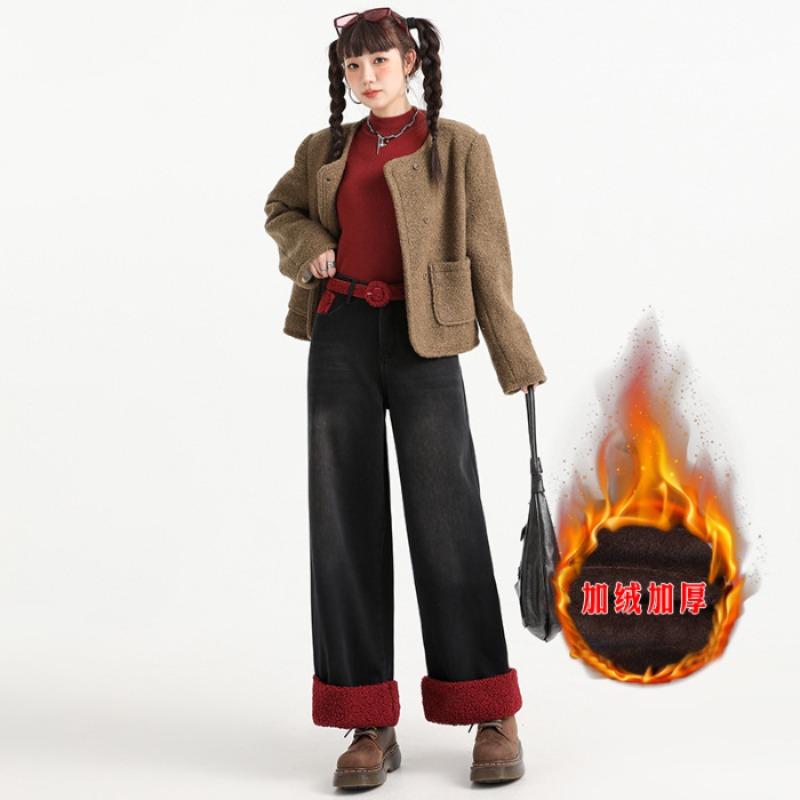 [With belt] winter new product velvet thickened non-elastic straight wide-leg pants nine-point jeans women