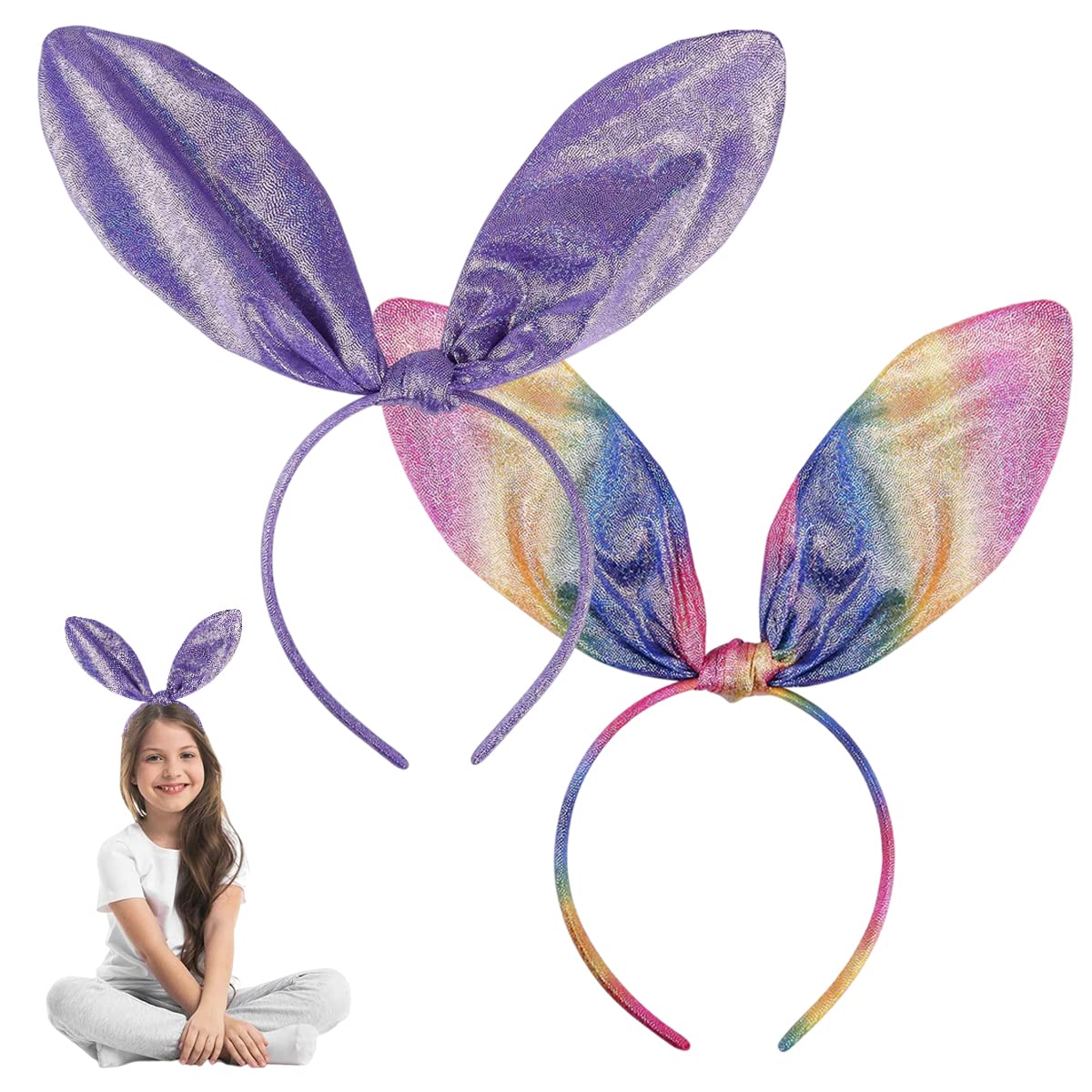 Getrays 2-Piece Colorful Bunny Ear Headband, Bendable Bunny Ear Hairband for Adults and Kids, Bunny Ear Hair Hoop Headpiece Hair Ornament Headband
