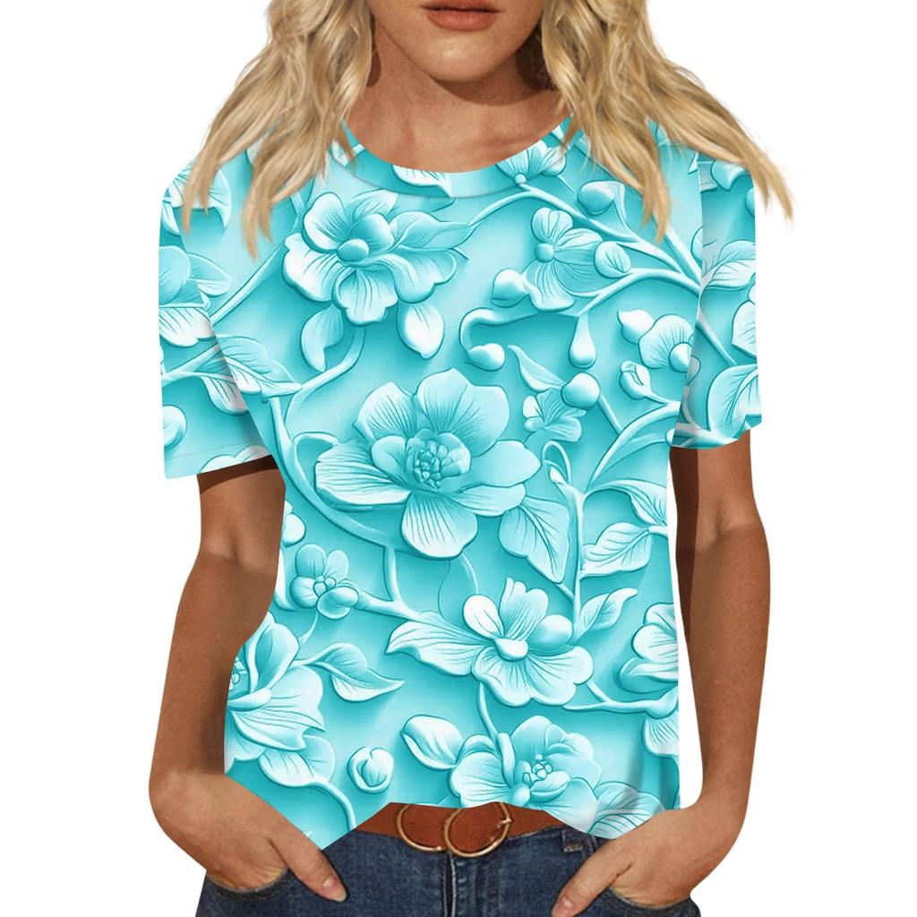 Damen Freizeit 3D Blumendruck Freizeit Kurzarm T-Shirt Pullover Rundhals Kurzarm Oberteil