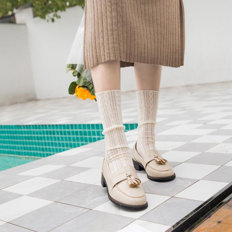 Women Lolita Preppy Style Mesh Lace Crew Socks Twist Striped Jacquard Patterned Solid Color Princess Mid Tube Hosiery