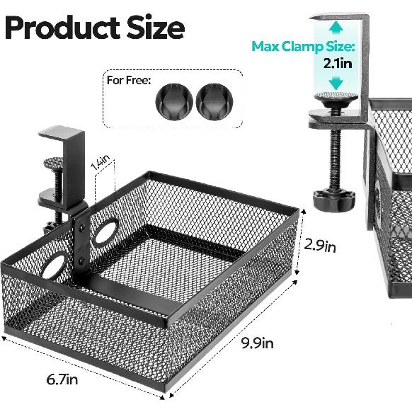 Under Desk Drawer Organizer Clamp On - 360° Swivel Metal Mesh Storage Basket, Hidden Rotating Desktop Tray for Standing Desk, Office Supplies &