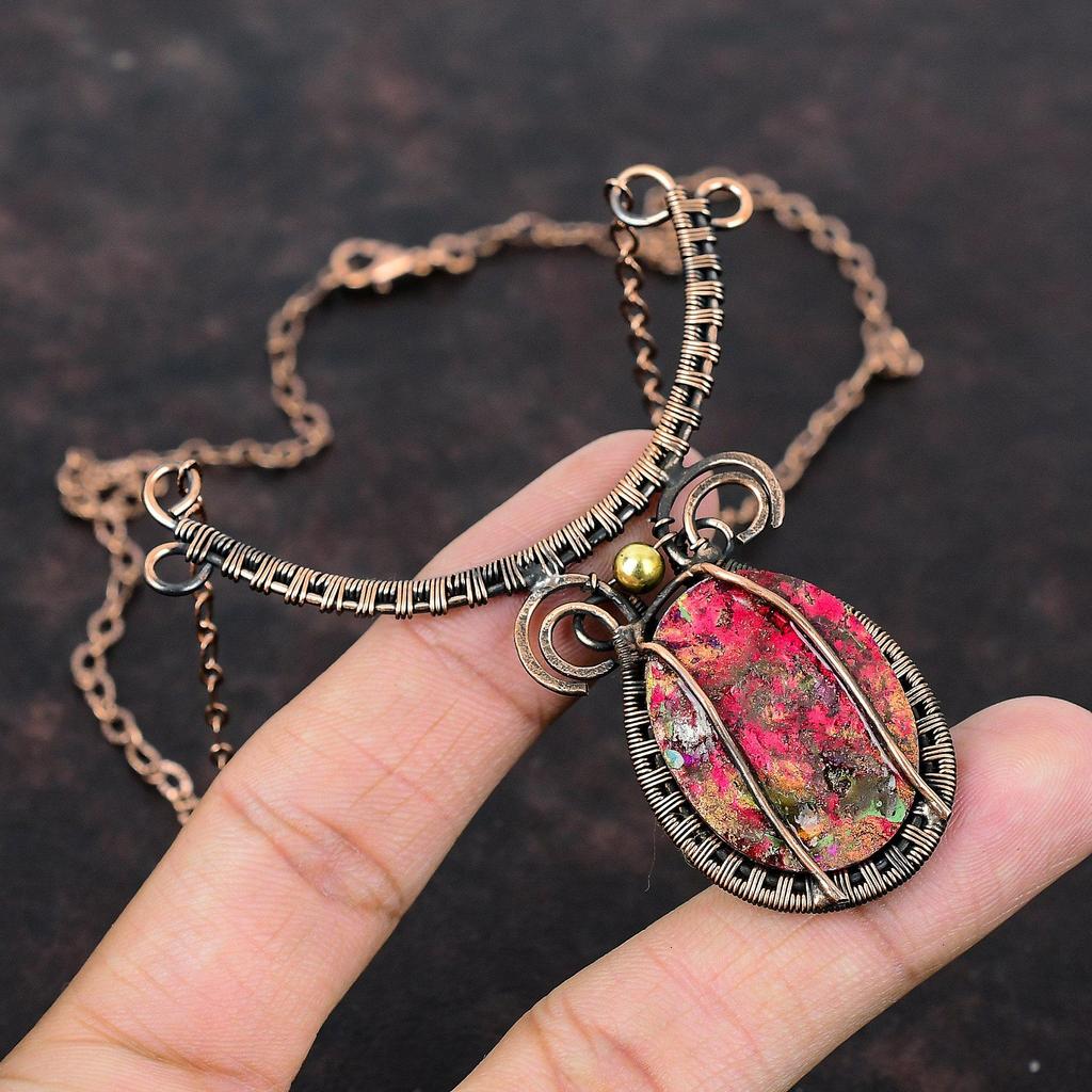 Natürliche Kingman Pinke Dahlie Türkis Halskette Kupferdraht Umwickelte Halskette Edelsteinschmuck Verstellbare Halskette Kupferschmuck Hochzeitsgeschenk