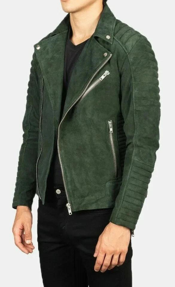 Suede Biker Motorcycle Casual Wear Handmade Men's Green Jacket Genuine Warm Soft