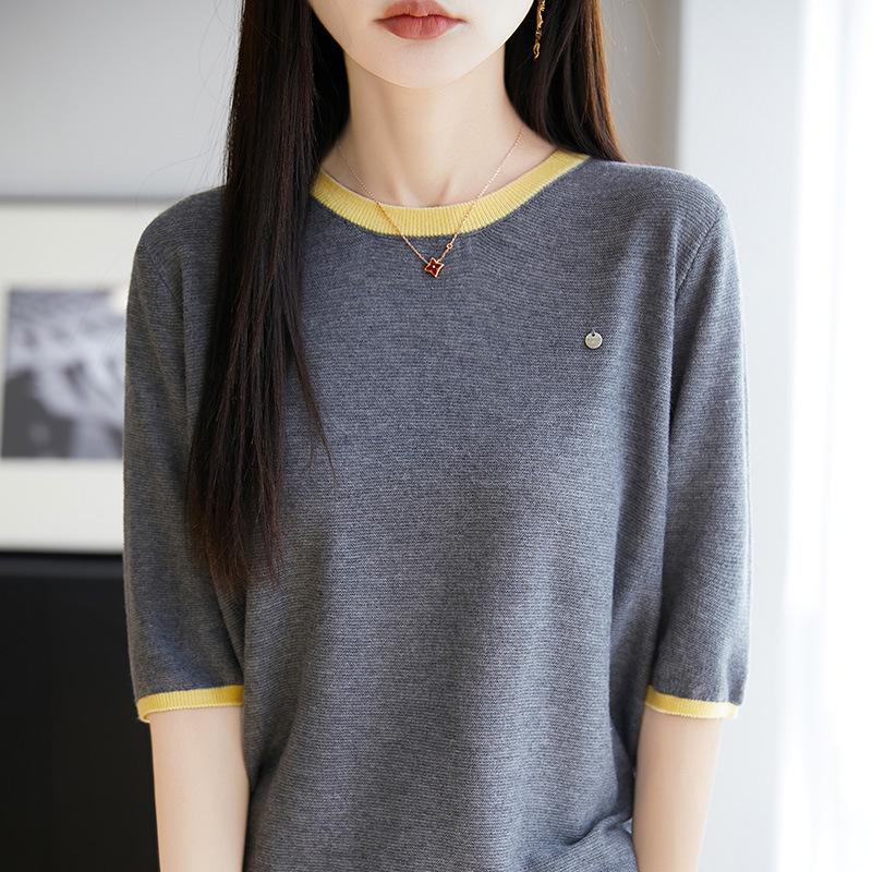 

2025 Women s Color Block Merino Wool Crew Neck Short Sleeve Knit T-Shirt M