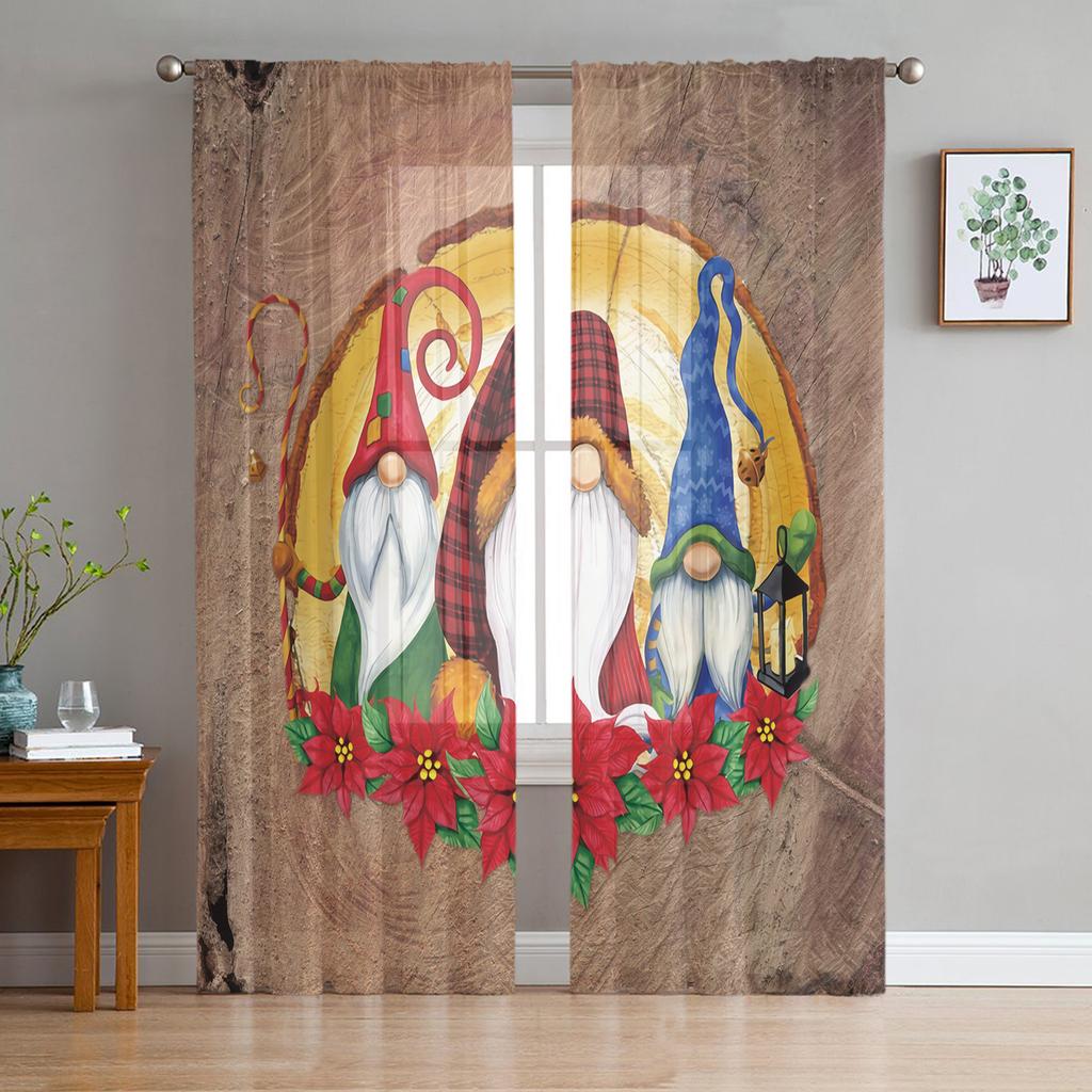 Christmas Fir Tree Robin Poinsettia Winter Tulle Window Curtain Voile Organza Valance Living Room Bedroom Decor Sheer Curtains