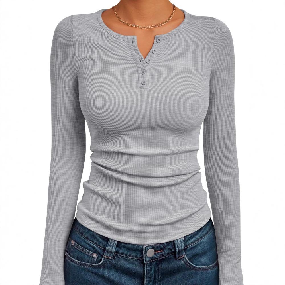 Women's Ribbed Henley Button Long Sleeve Cropped Slim Fit Casual Basic Tee Top