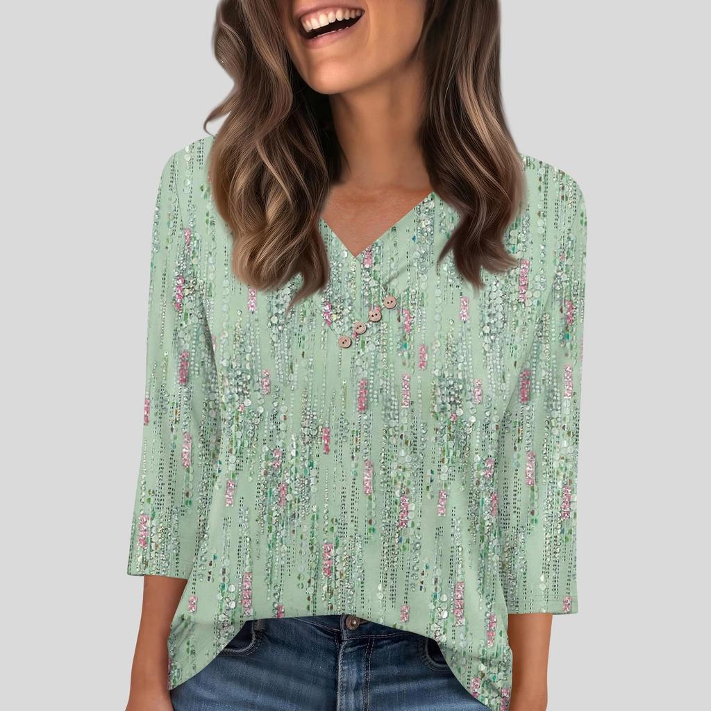 Damen T-Shirt Tee Knopf 3/4 Ärmel Tunika Täglich Wochenende Mode Basic V-Ausschnitt Reguläres Oberteil