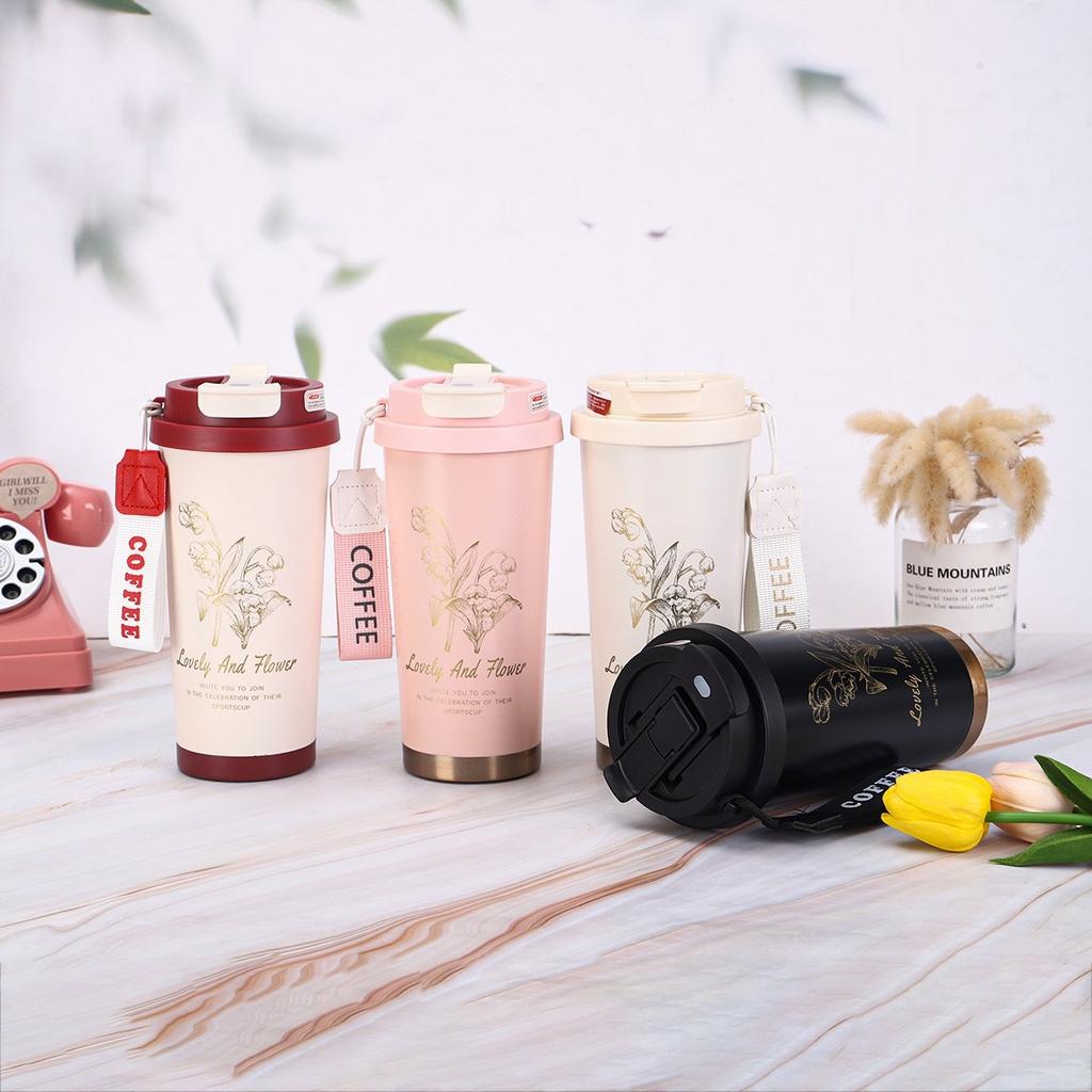 Water Bottle Stainless Steel Lily of the Valley Coffee Cup Double Printing Portable Straw Water Cup Thermos Cup Water Cup