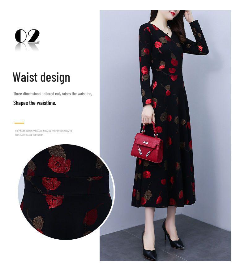 Spring & Fall V-Neck A-Line Dress for Middle-aged Women: Mid-length, Printed, Waist-cinching, Wide Hem
